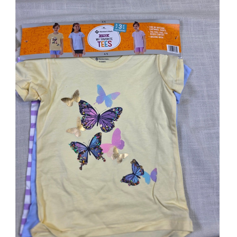 Members Mark Girls 3-Pack My Favorite Tees Butterfly Sequin Stripe 6/6X NEW